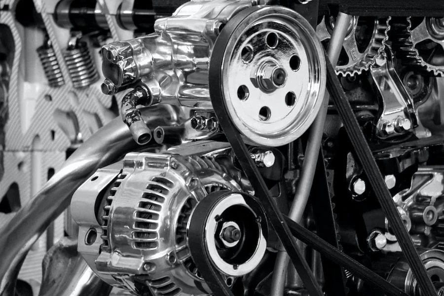 A greyscale photography of car engine