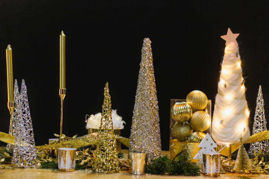 A group of golden Christmas decorations