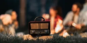 a group of people listening to the portable radio on the lawn