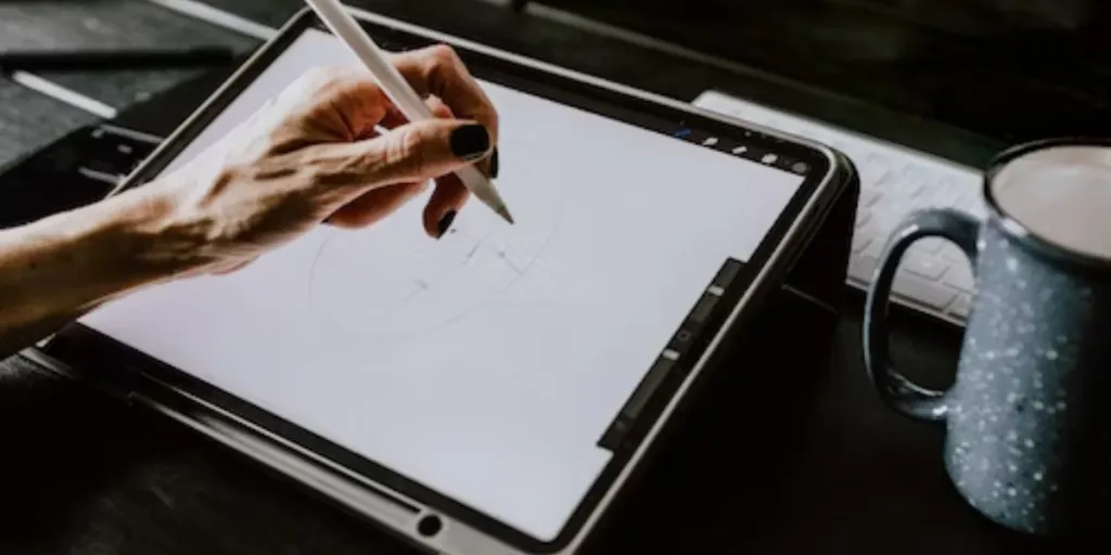 A hand using a display drawing tablet