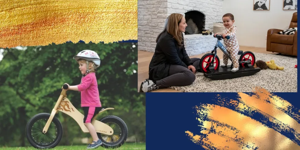 a kid on a strider balance bike and a mother watching a toddler on toddler balance bike
