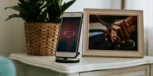A phone on a charging stand