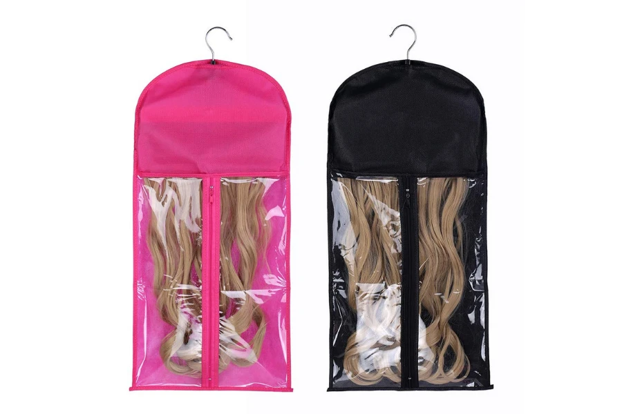 a pink and black wig storage back