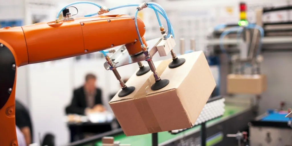 A robotic arm lifting a box package