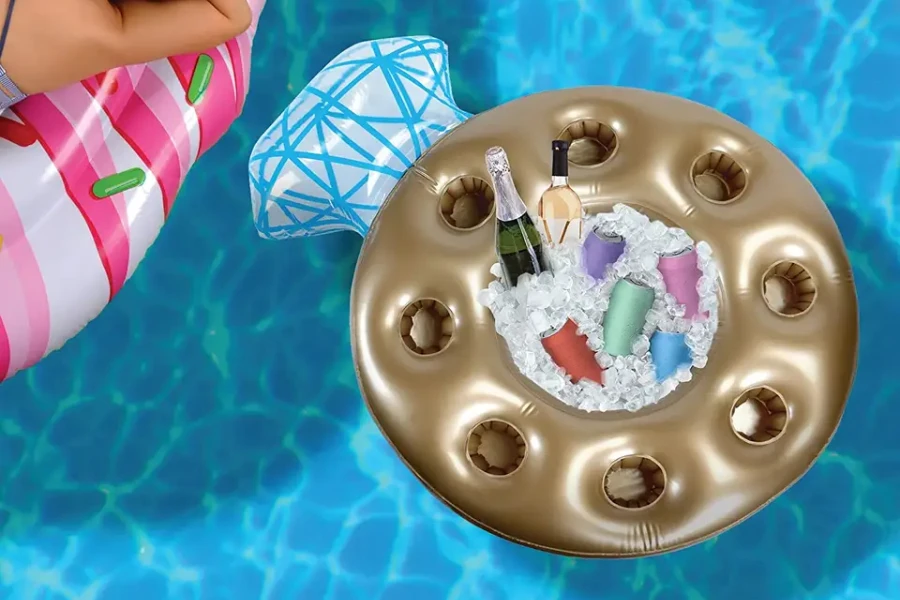 A stylish floating cooler filled with ice and drinks