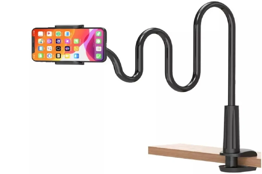 a table clip gooseneck holder with a phone
