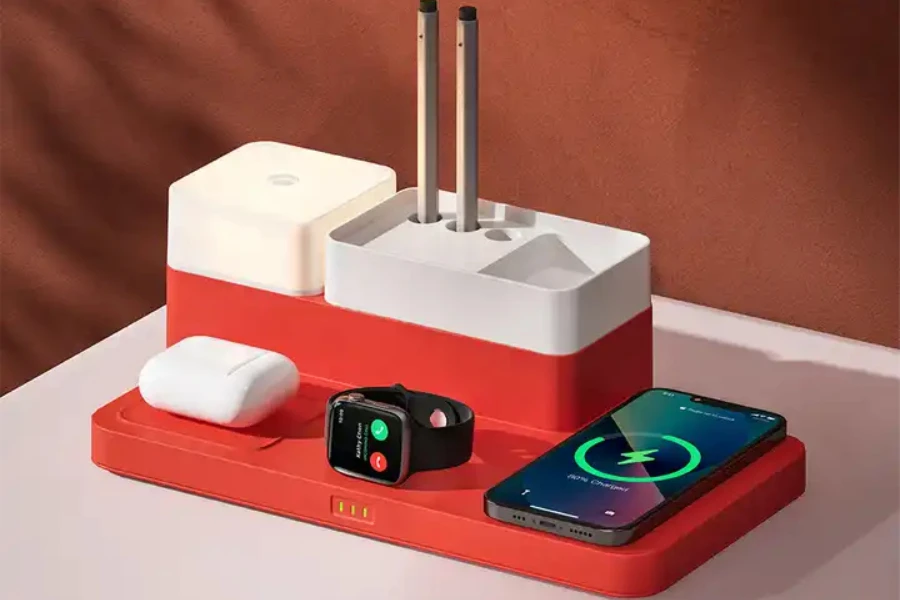 A wireless charging station with multiple devices
