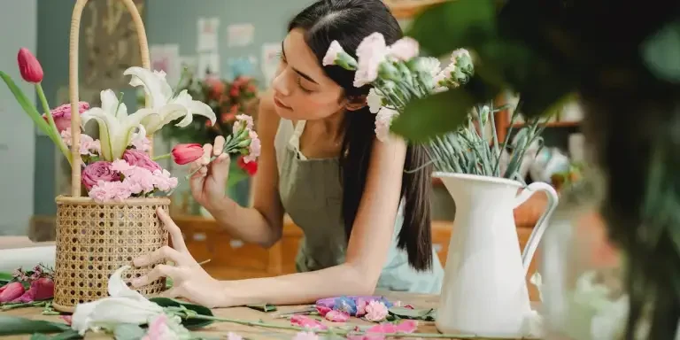 une femme arrangeant des fleurs dans un panier