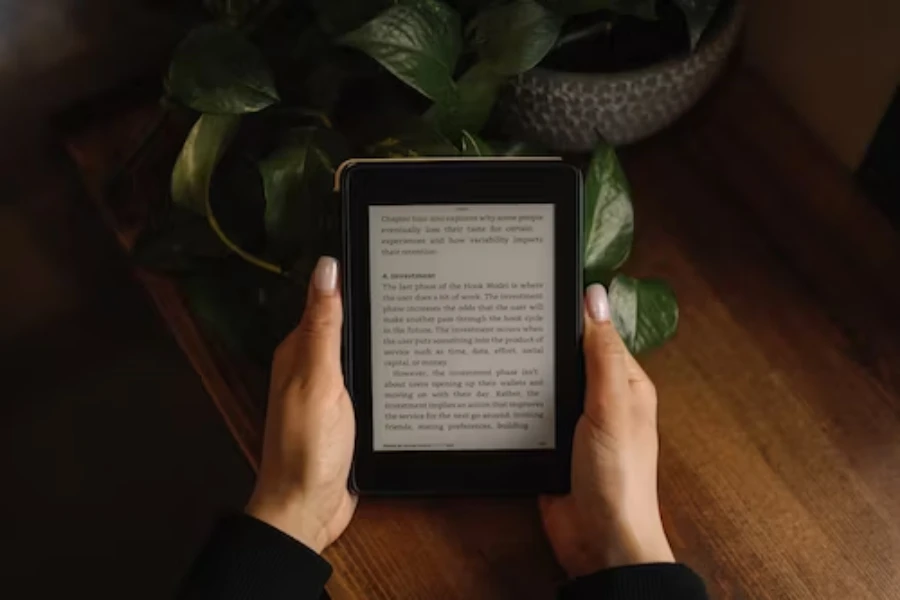 Женщина пользуется электронной книгой с хорошим пространством для хранения и возможностью подключения.