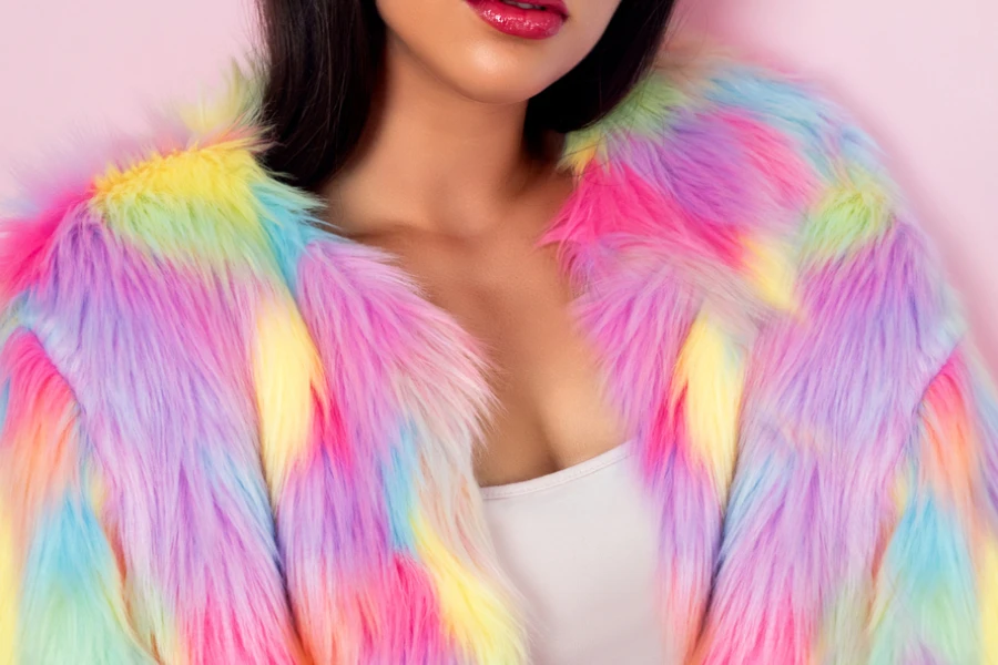 a woman wearing colorful fur
