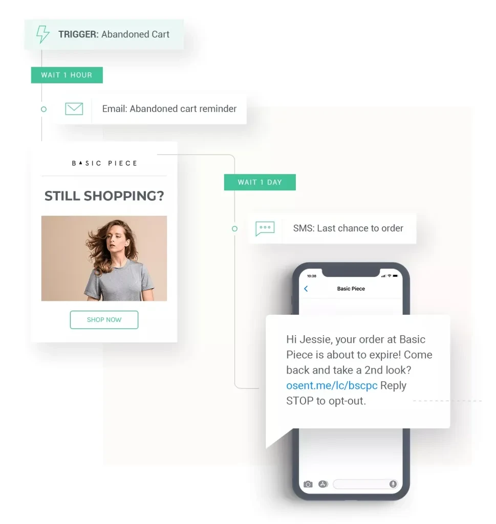 abandoned cart workflow with email and SMS