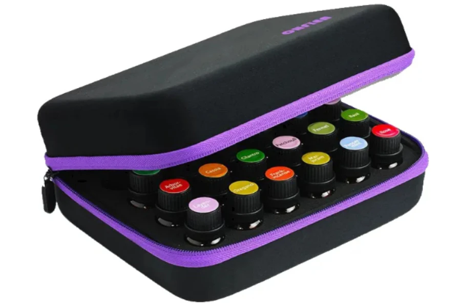 An essential oil carrying case filled with oils