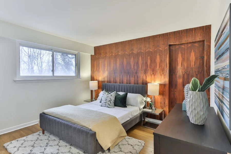 Bedroom with wood texture stick on wallpaper