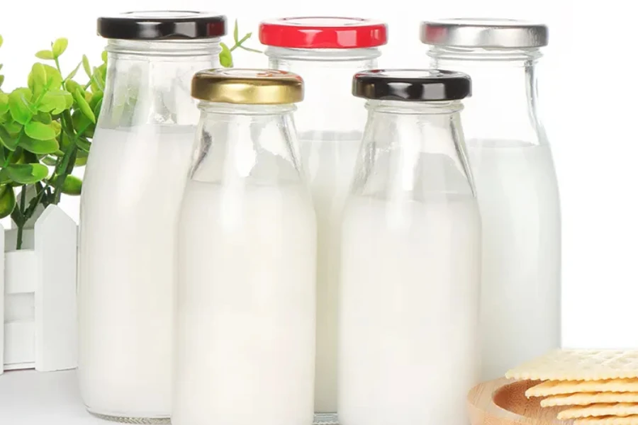Classic glass bottles for storing dairy drinks