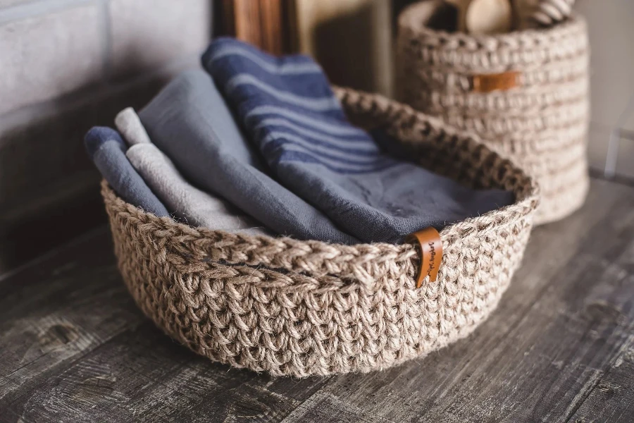eco-friendly jute basket with reusable kitchen towels