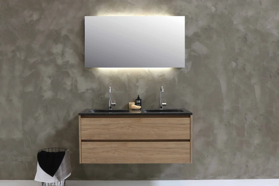 Floating wood bathroom cabinet with backlit mirror