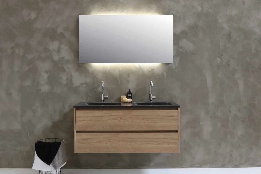 Mobile bagno sospeso in legno con specchio retroilluminato