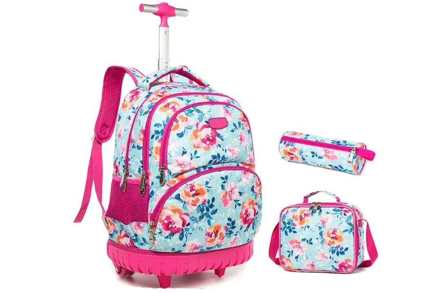 Floral patterned rolling school bag and accessories
