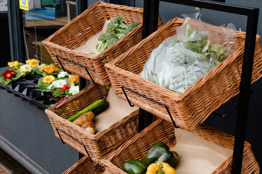 fresh vegetables in wicker baskets
