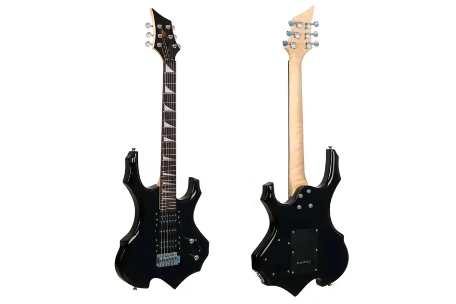 Front and back view of a black Explorer electric guitar