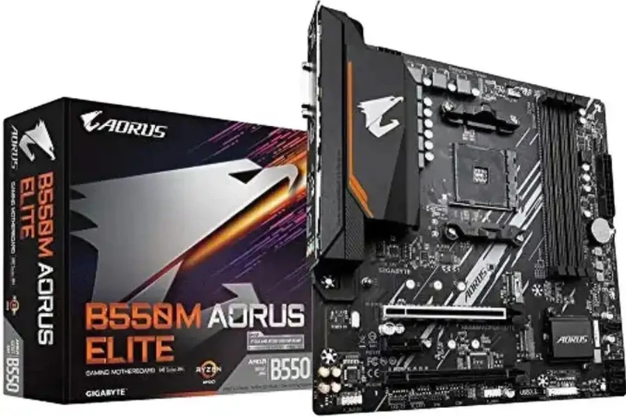 Motherboard Gigabite B550 dengan latar belakang putih