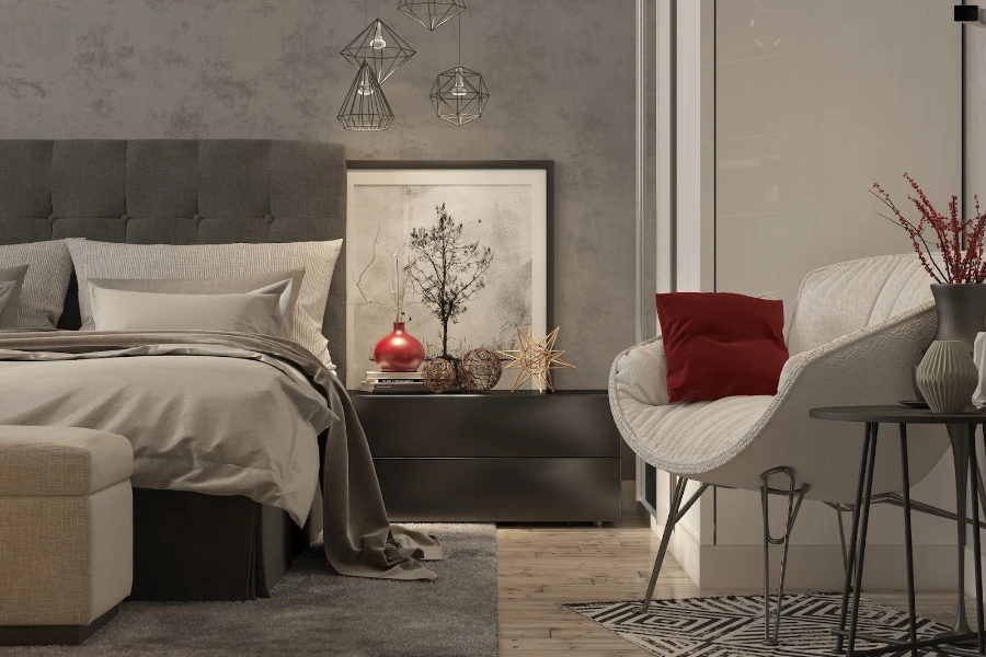 Papel de parede texturizado cinza em bastão e casca no quarto