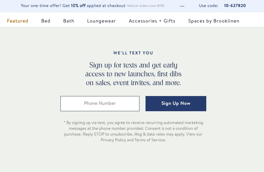 landing page with phone number field by brooklinen