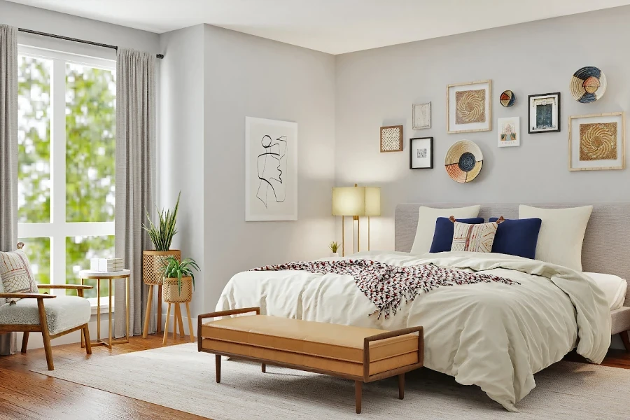 Light brown leather bench for bedroom with wood frame