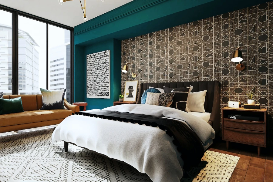Kamar tidur utama dengan wallpaper perekat geometris