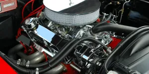 Metallic car engine with air filter