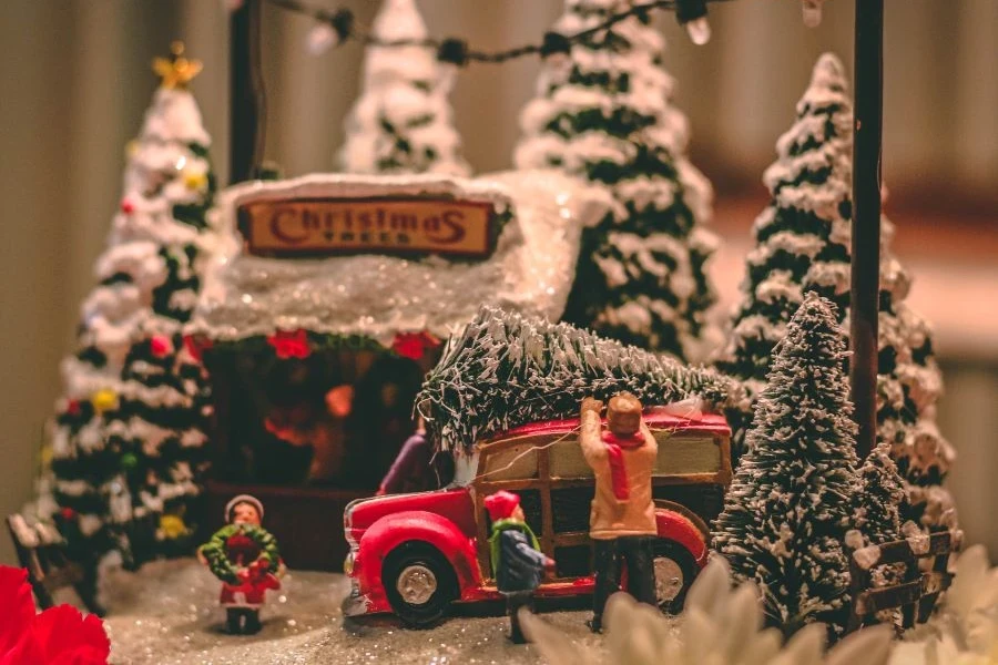 Miniature Christmas decorations on a table