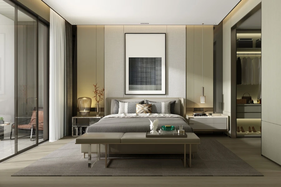 Moderne Schlafzimmerbank mit grauem Ledersitz