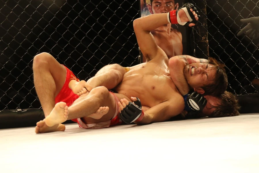 One male MMA fighter putting another in a headlock
