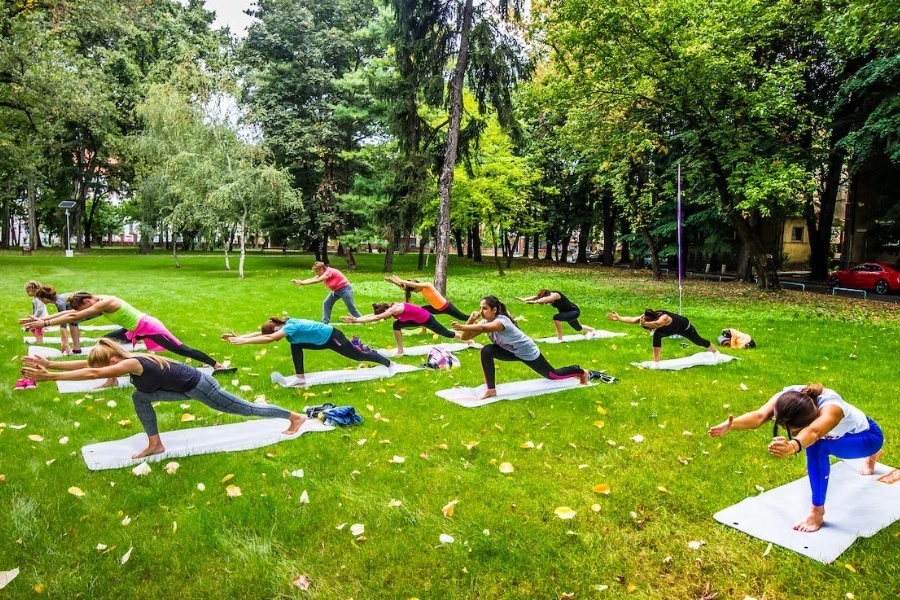 pessoas se exercitando em um parque com tapetes de ioga