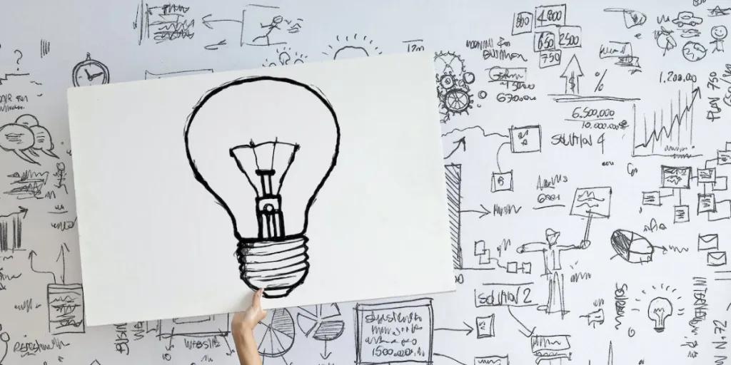 person holding up a large drawing of a light bulb sitting in front of a wall with ideas drawn on it