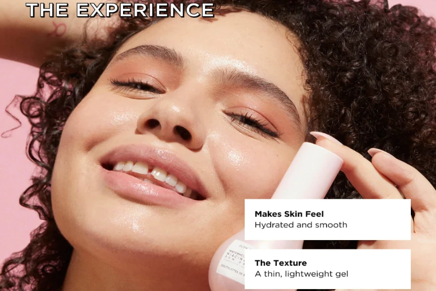 Person holding up Glow Recipe product beside her face
