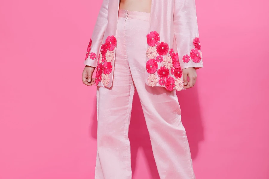 pink co-ord set for women with flower appliques