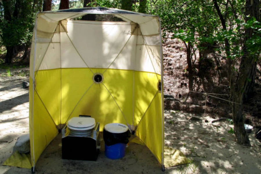 pop up shower tent used to hold portable camping toilets