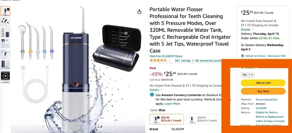 Produk flosser air portabel di Amazon dengan Kotak Beli disorot