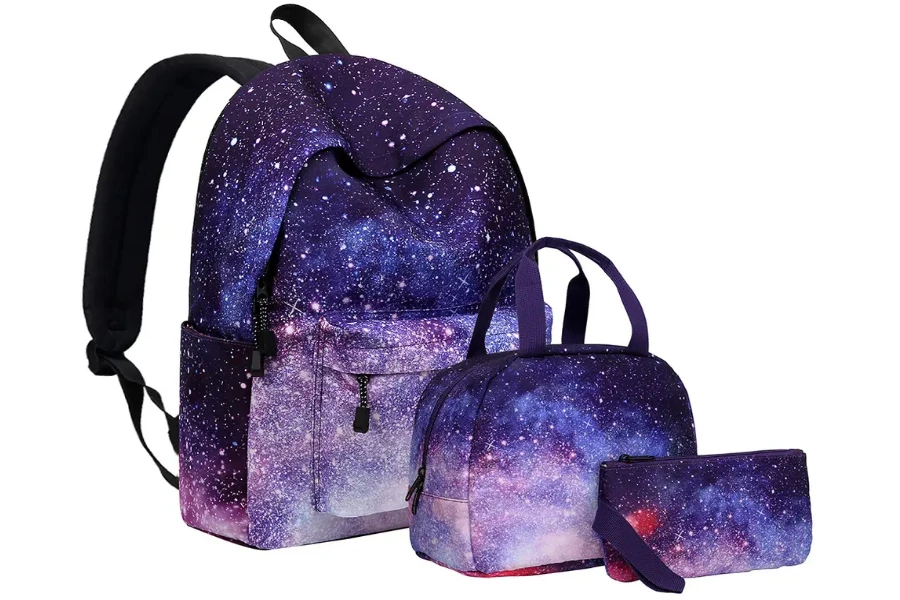 Purple school bag with matching lunch box and pencil case