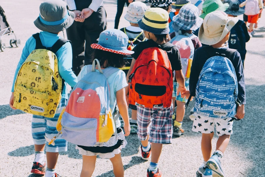 Rear view of a group of kids wearing school bags