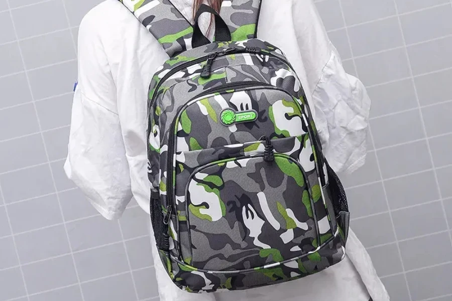 Rear view of a person wearing a camouflage school bag