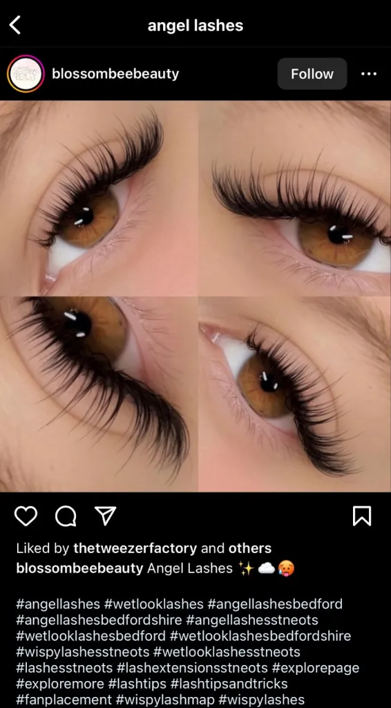screenshot from Instagram of angel lashes from Blossebeebeauty