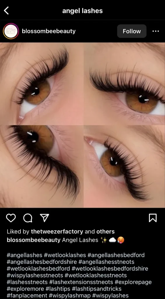 captura de pantalla de Instagram de pestañas de ángel de Blossebeebeauty