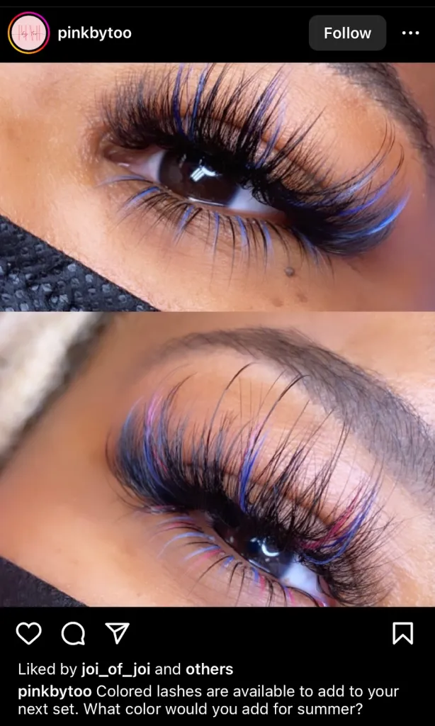Screenshot from Instagram of blue and purple colored eyelash extensions