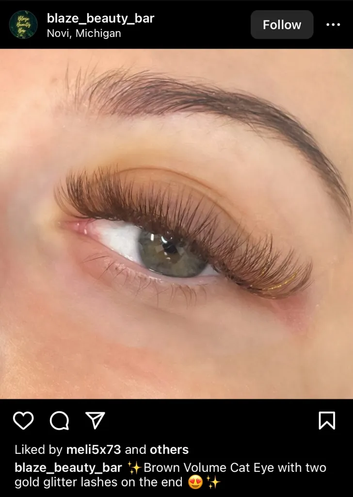 Screenshot from Instagram of brown volume cat eyelashes