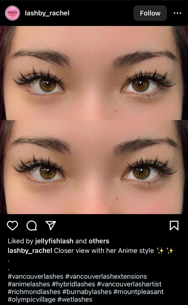 Screenshot from Instagram of close up Anime lashes from lashby_rachel