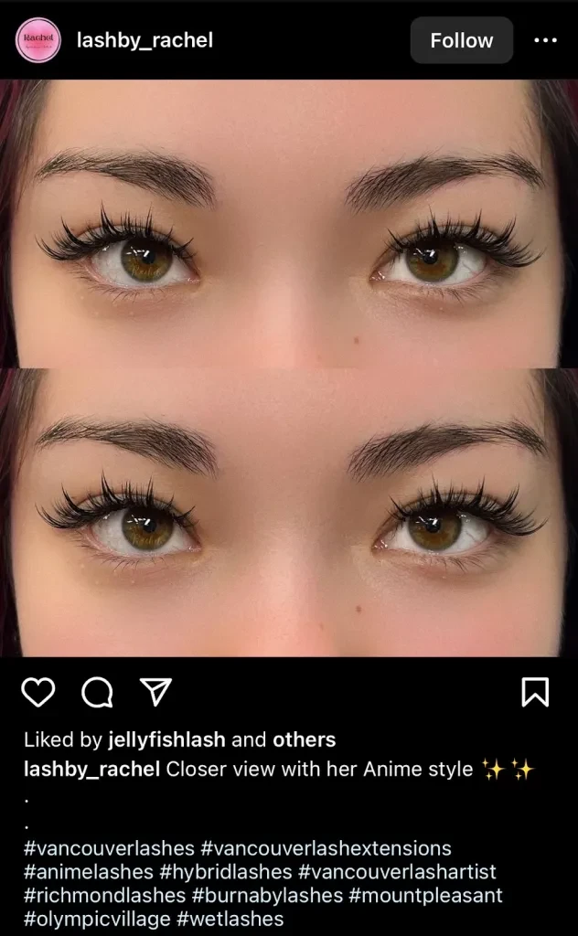 Screenshot von Instagram von Anime-Wimpern in Nahaufnahme von lashby_rachel