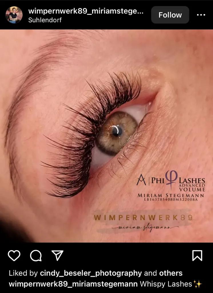 Screenshot from Instagram of wispy lashes from wimpernwerk89