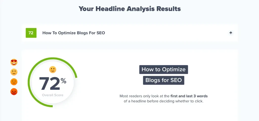 screenshot from Optinmonster Headline analyzer showing the score for the headline of this blog